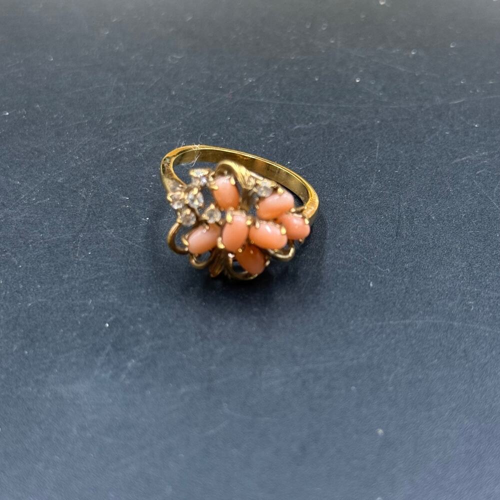 Vintage Cocktail Floral Cluster Ring Coral Cabochon Gold Tone